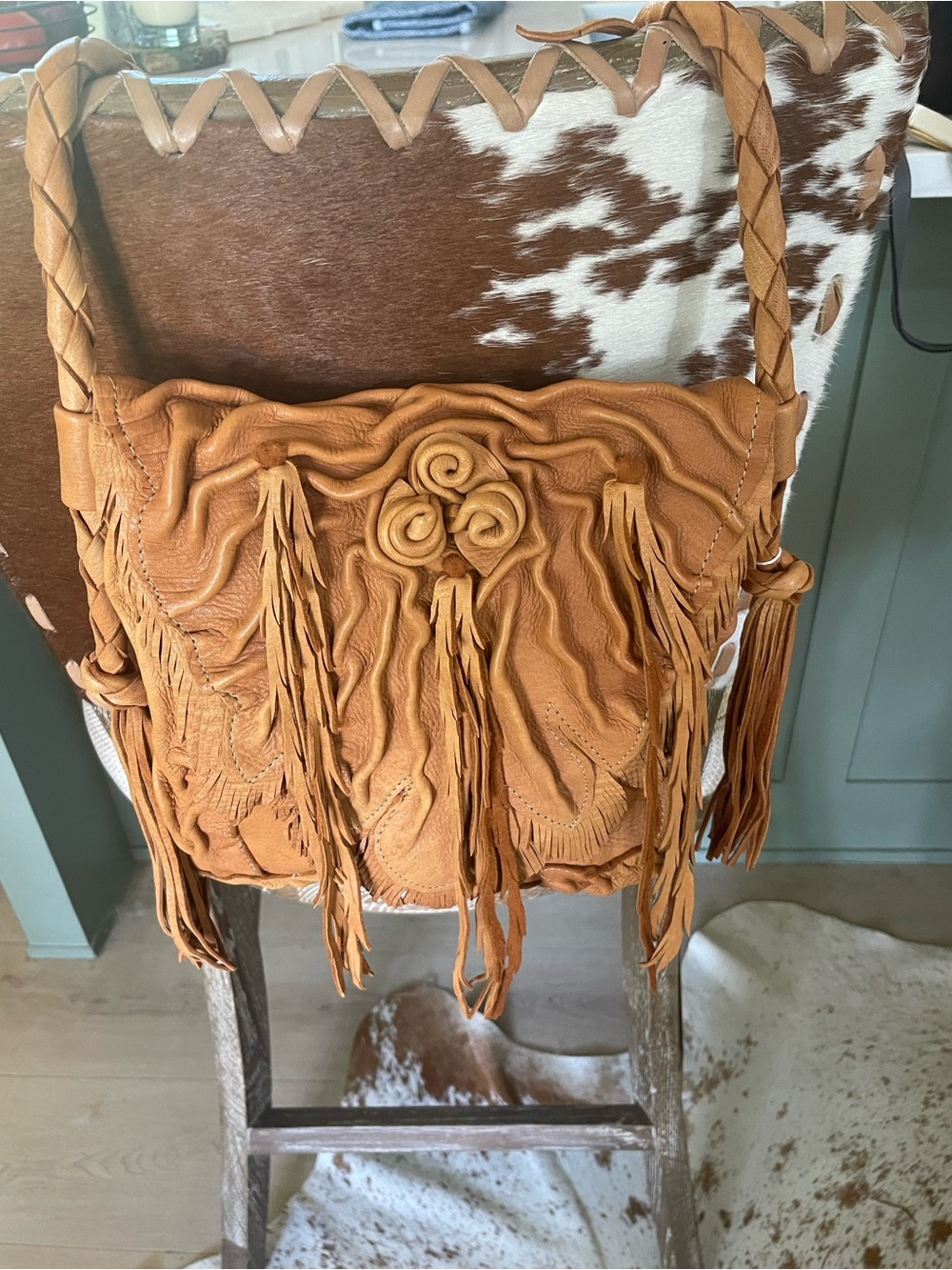 Deer Skin Fringe Leather Shoulder Bag Carmel Artist Vickie Love